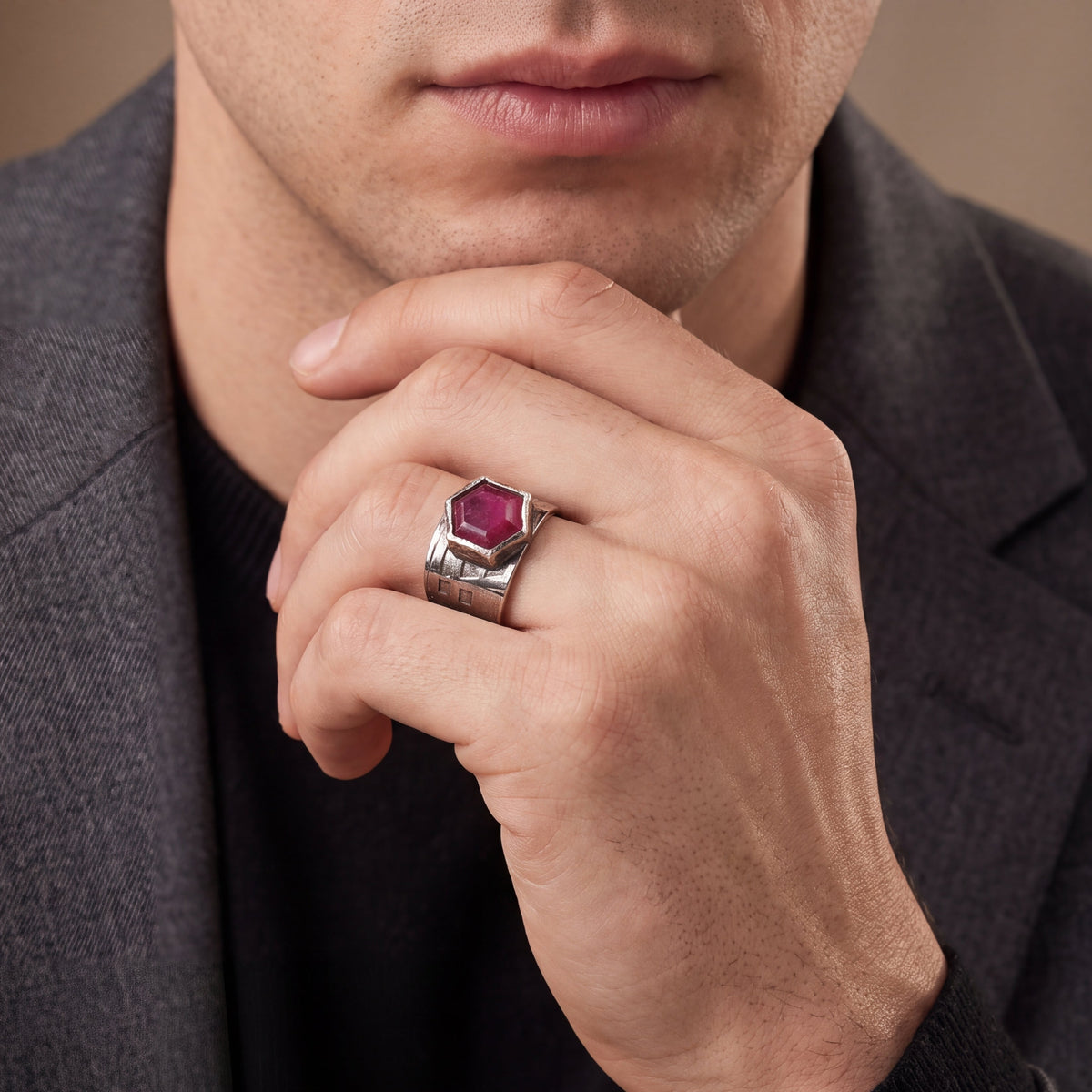 Hexagonal Pink Silk Sapphire Textured Sterling Ring