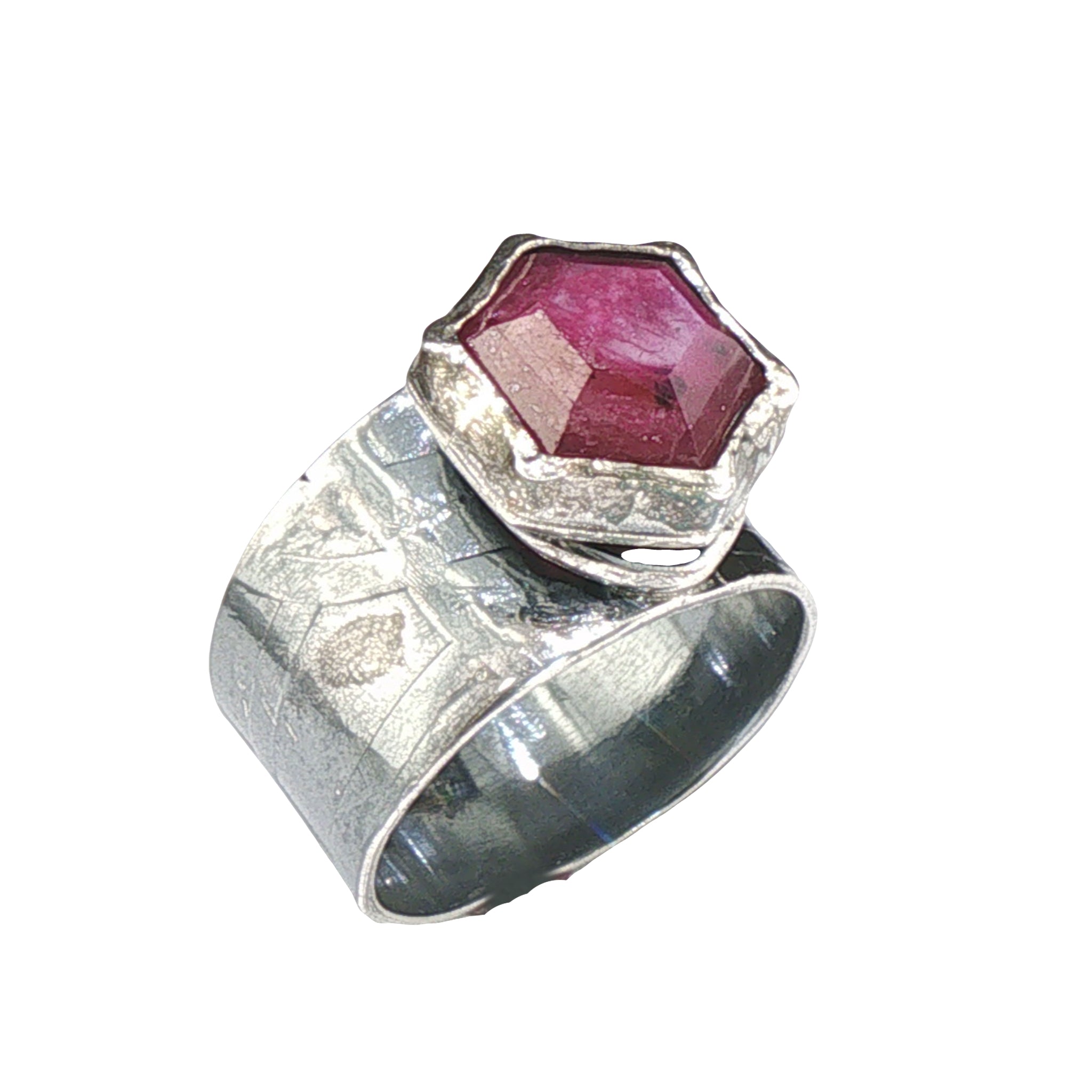 Hexagonal Pink Silk Sapphire Textured Sterling Ring
