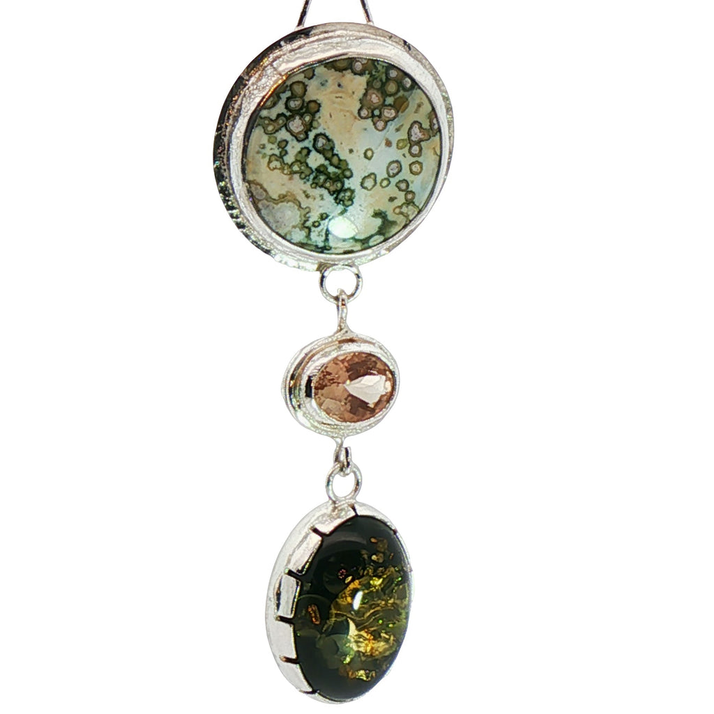 Earth & Sun Artisan Earring Dangles/Orbicular Jasper, Sunstone, Green Amber