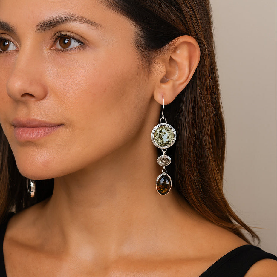 Earth & Sun Artisan Earring Dangles/Orbicular Jasper, Sunstone, Green Amber