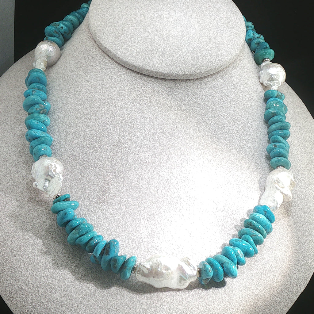 Kingman Turquoise,  Fireball Pearl, Sterling Necklace