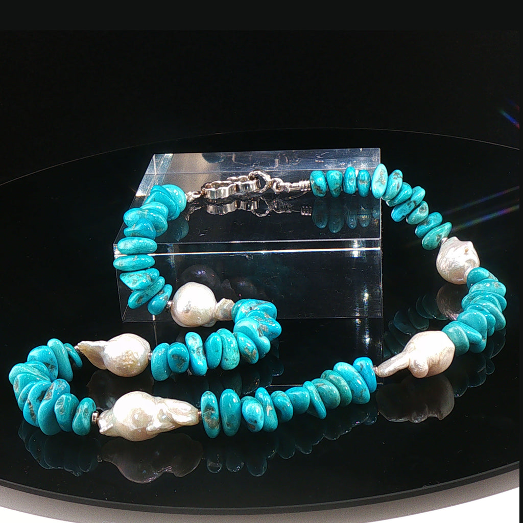 Kingman Turquoise,  Fireball Pearl, Sterling Necklace