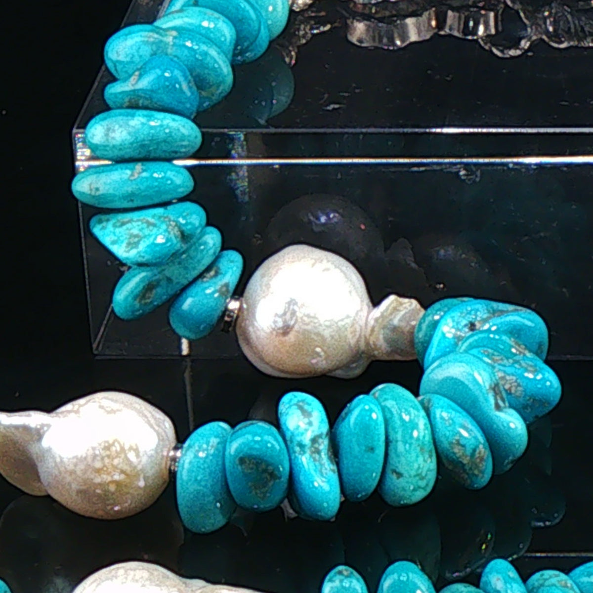 Kingman Turquoise,  Fireball Pearl, Sterling Necklace
