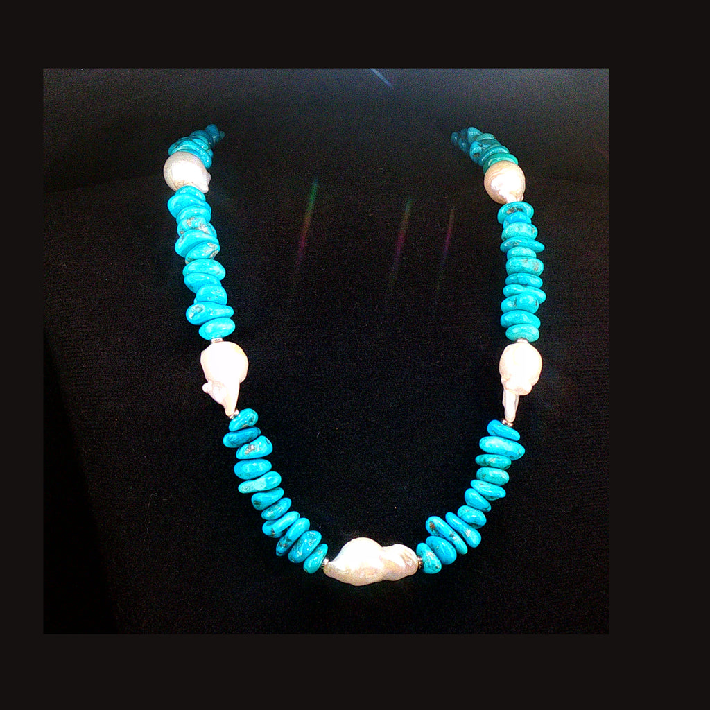 Kingman Turquoise,  Fireball Pearl, Sterling Necklace