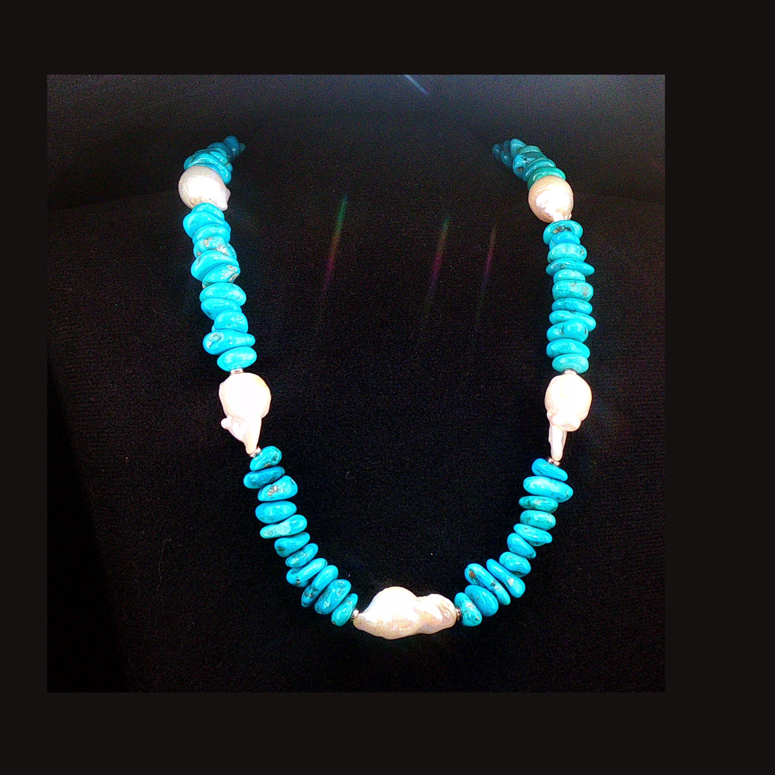Kingman Turquoise,  Fireball Pearl, Sterling Necklace