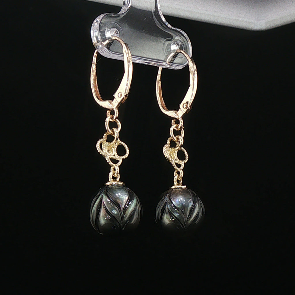 Midnight Magic Carved Tahitian Pearl/Diamond Drop Earrings in Gold
