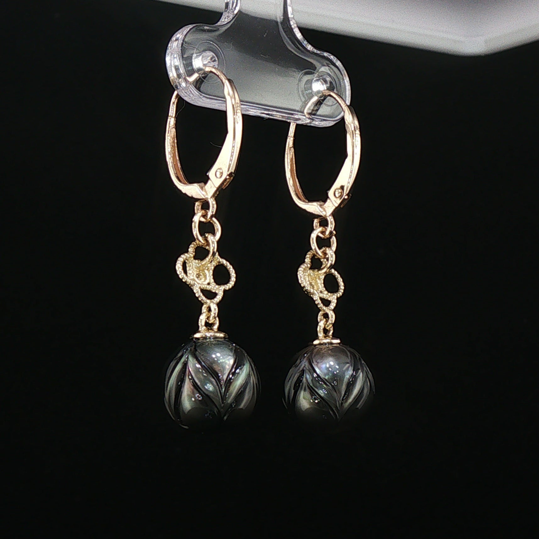 Midnight Magic Carved Tahitian Pearl/Diamond Drop Earrings in Gold