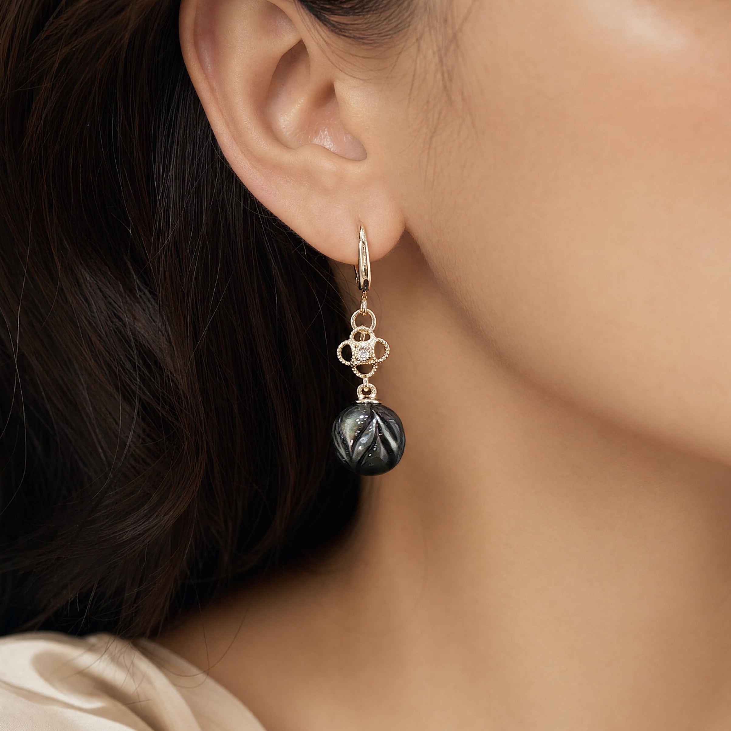 Midnight Magic Carved Tahitian Pearl/Diamond Drop Earrings in Gold