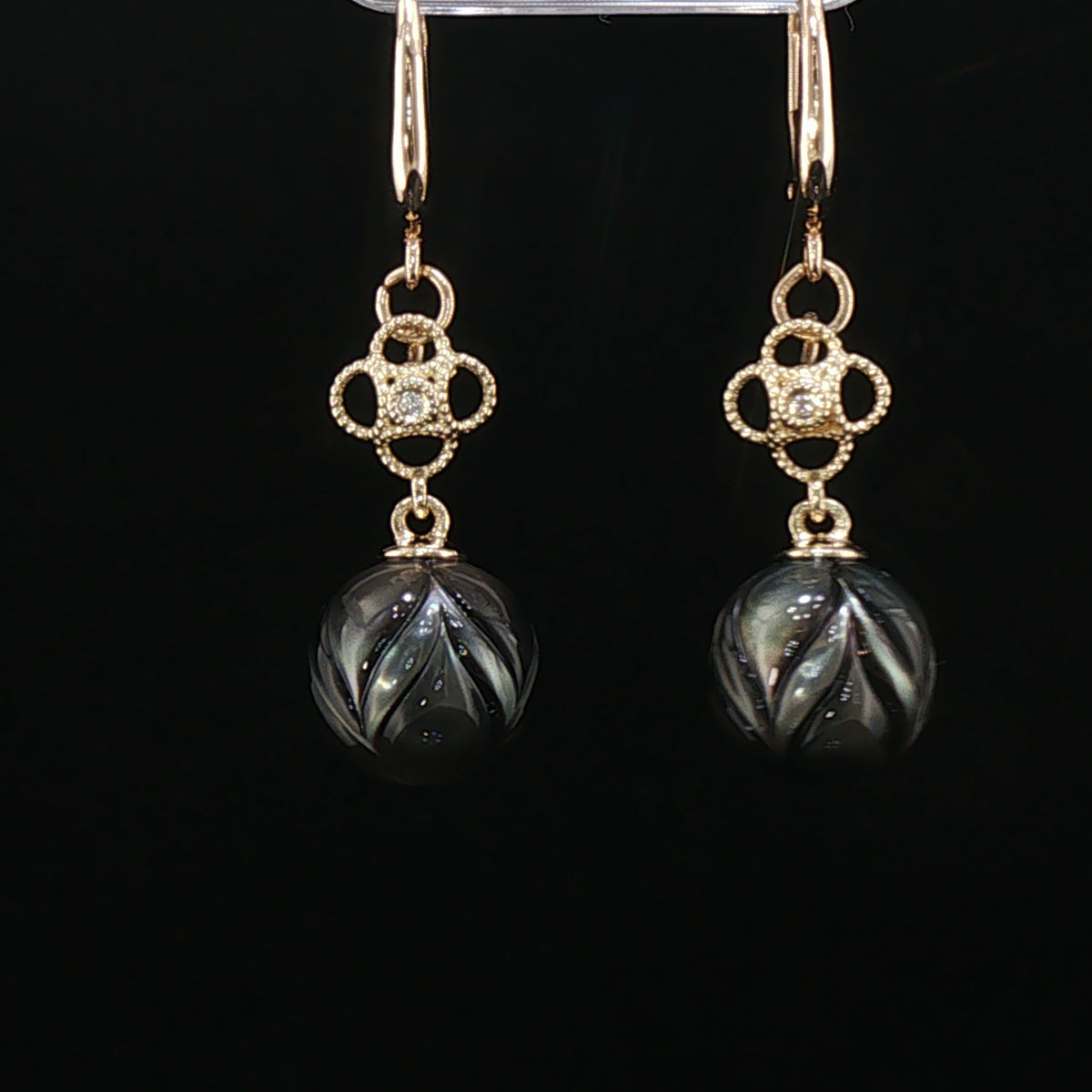 Midnight Magic Carved Tahitian Pearl/Diamond Drop Earrings in Gold