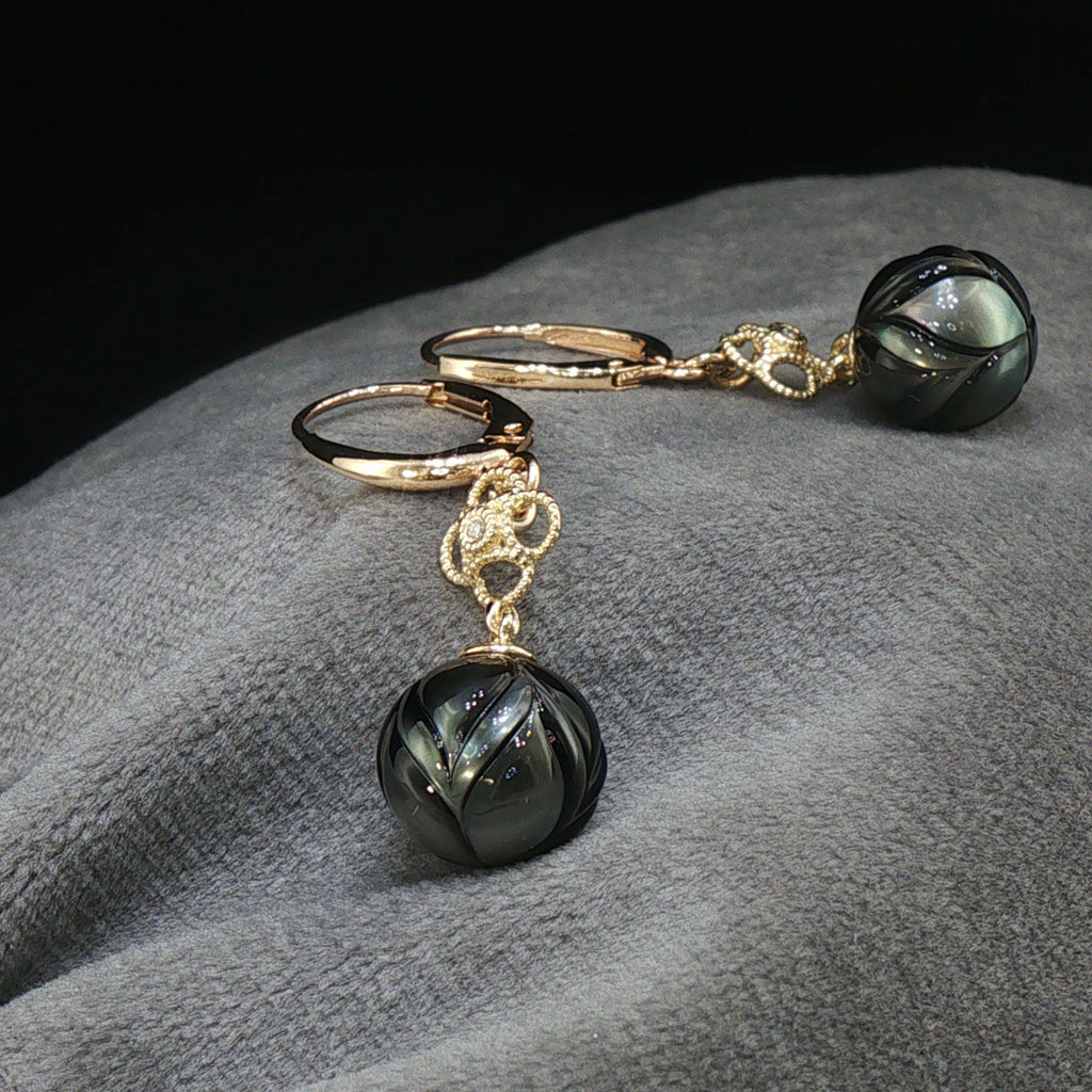Midnight Magic Carved Tahitian Pearl/Diamond Drop Earrings in Gold