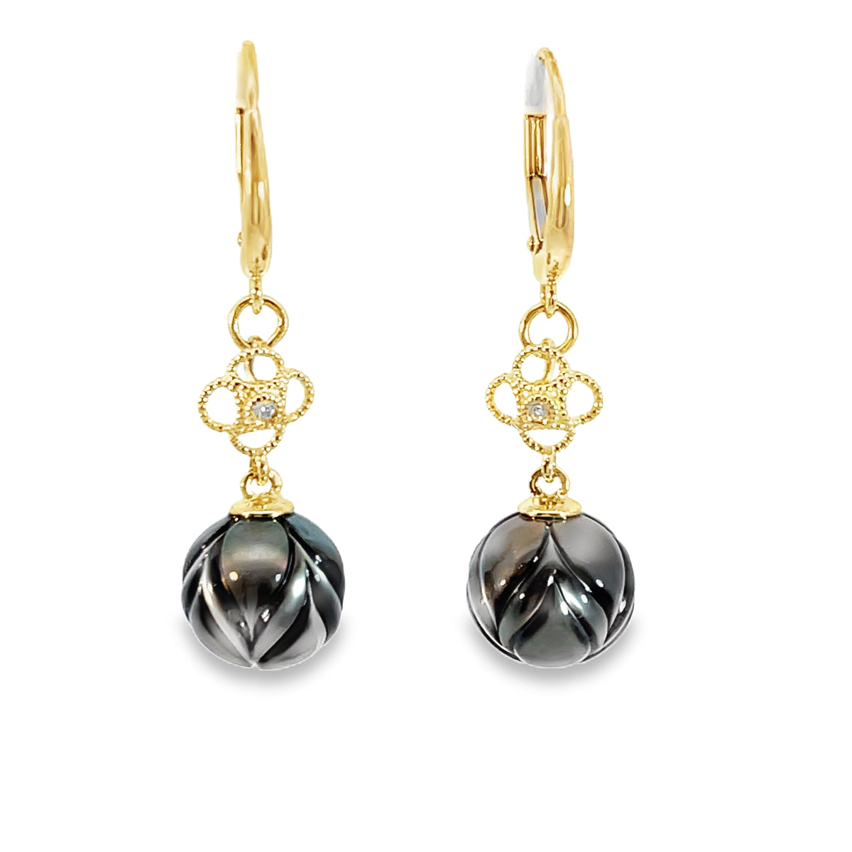 Midnight Magic Carved Tahitian Pearl/Diamond Drop Earrings in Gold