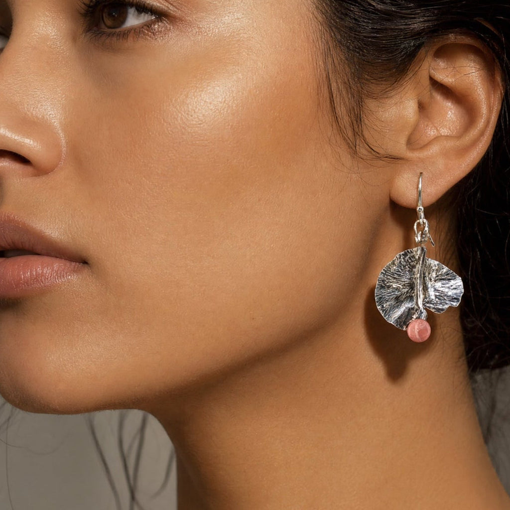 Oxidized Fold-formed Sterling Petals with Rhodochrosite Drops
