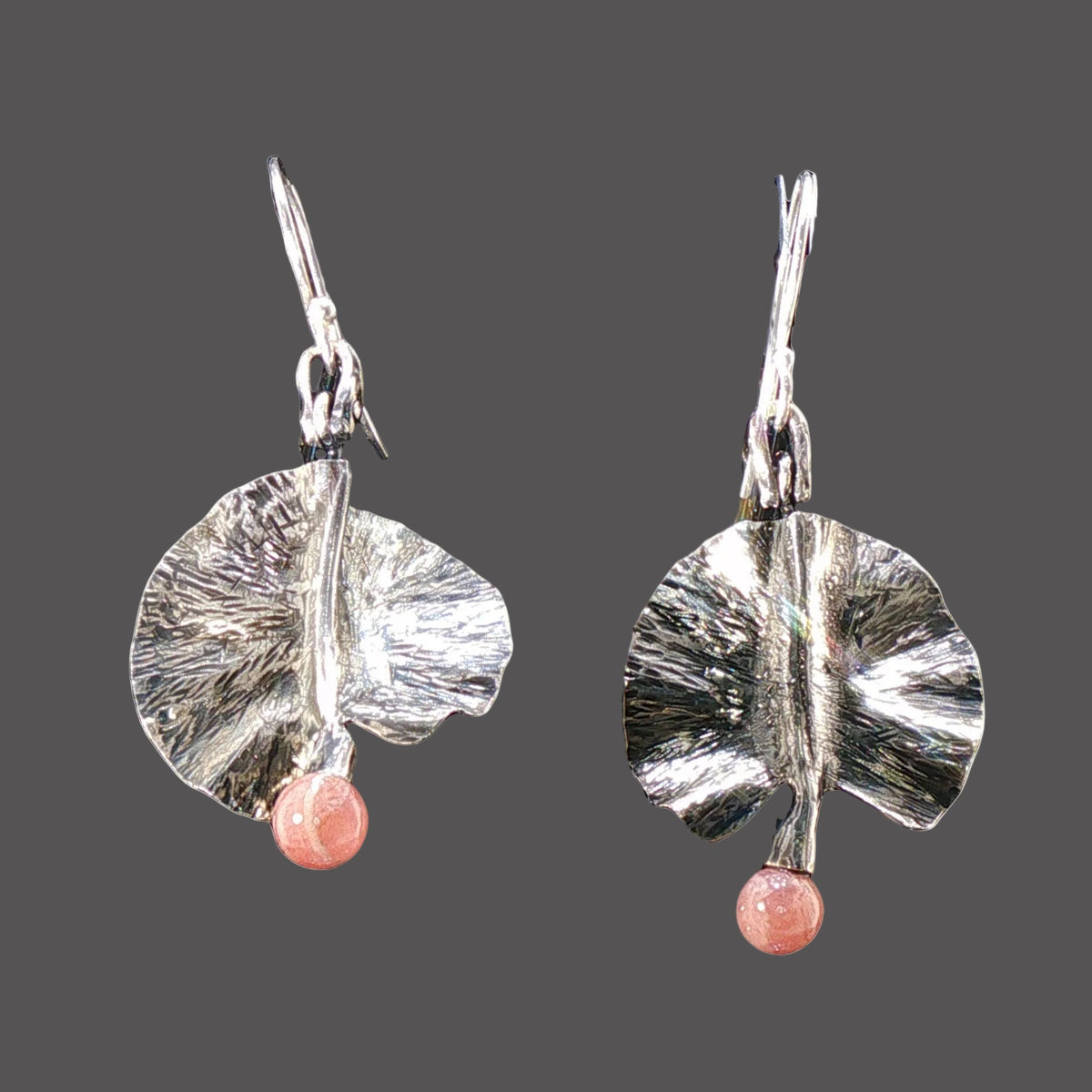 Oxidized Fold-formed Sterling Petals with Rhodochrosite Drops