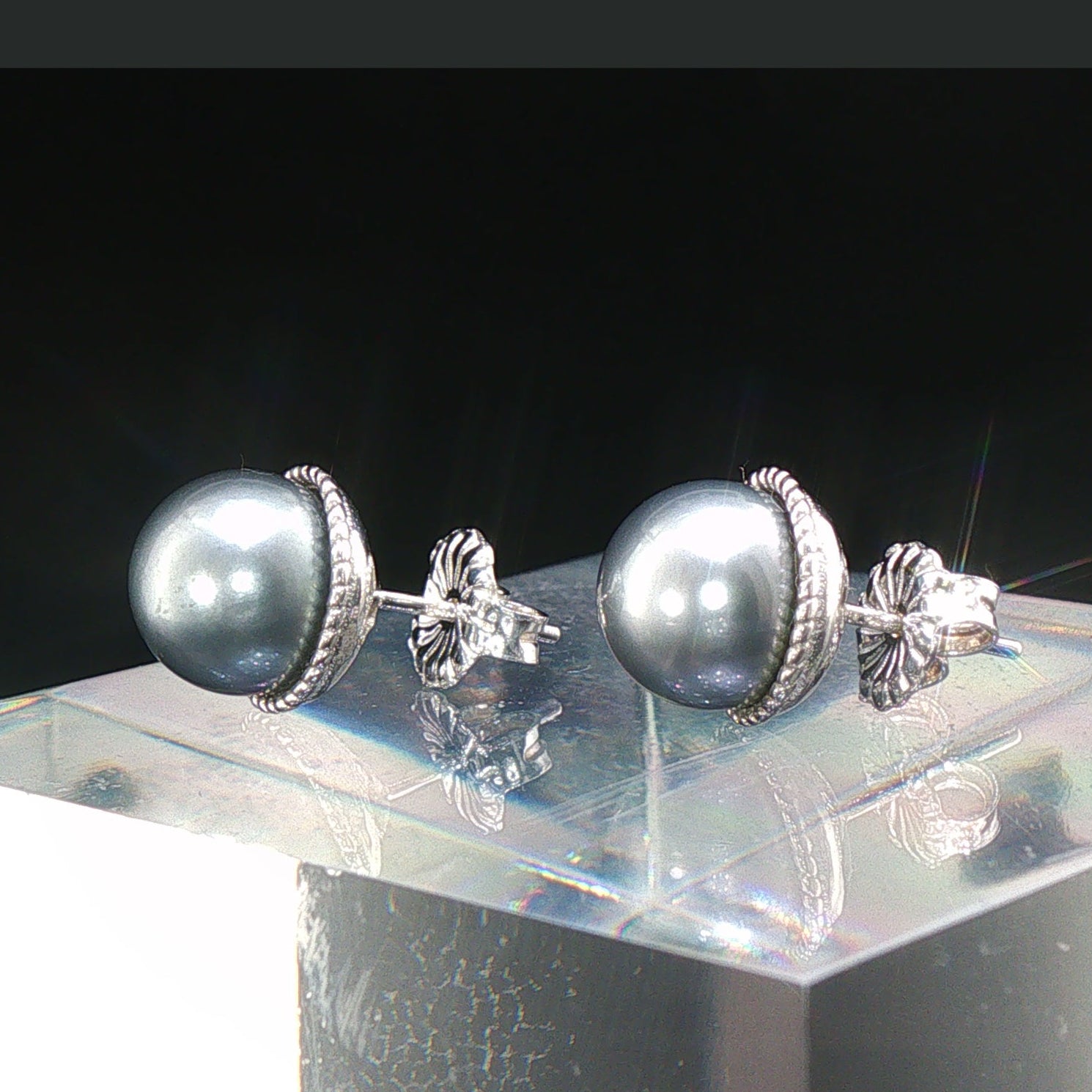 Fancy Silver Tahitian Pearl Stud Earrings