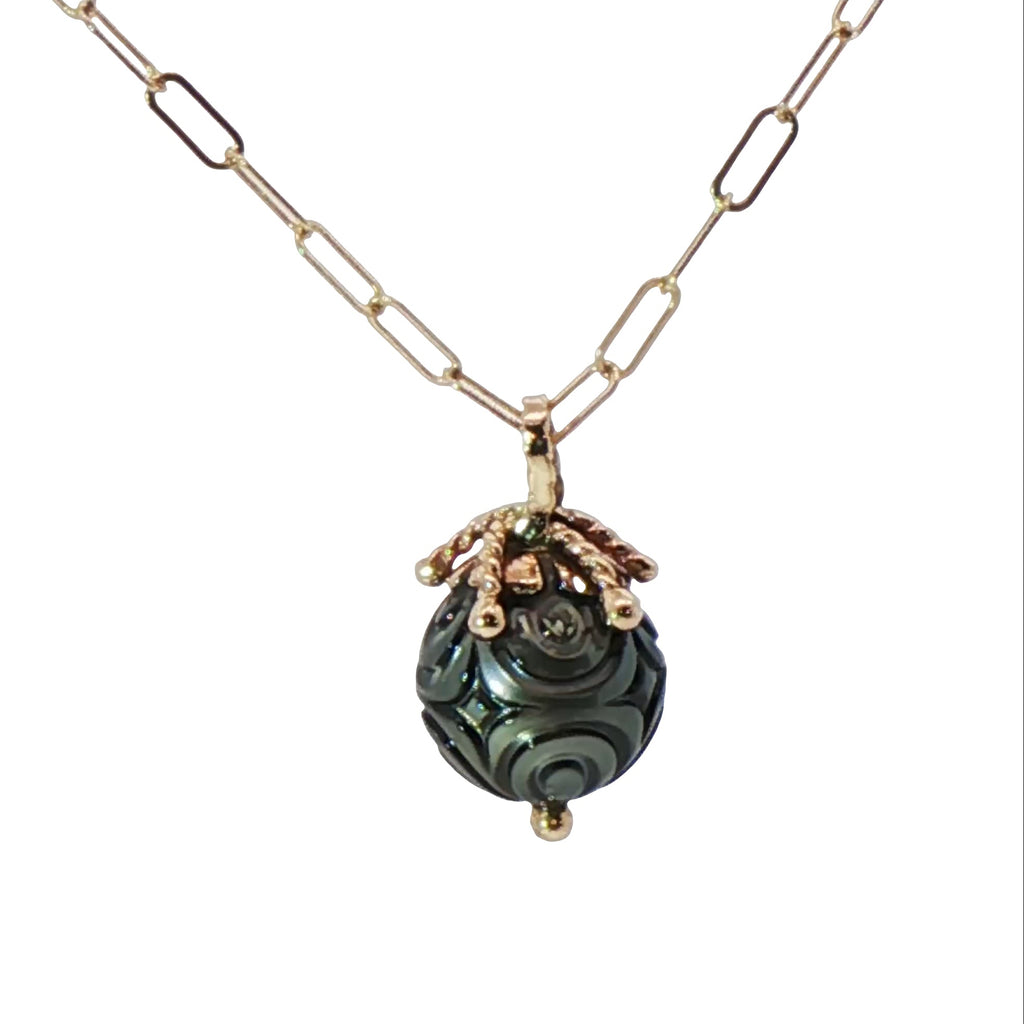 Midnight Magic Carved Tahitian Pearl Pendant in 14K Gold