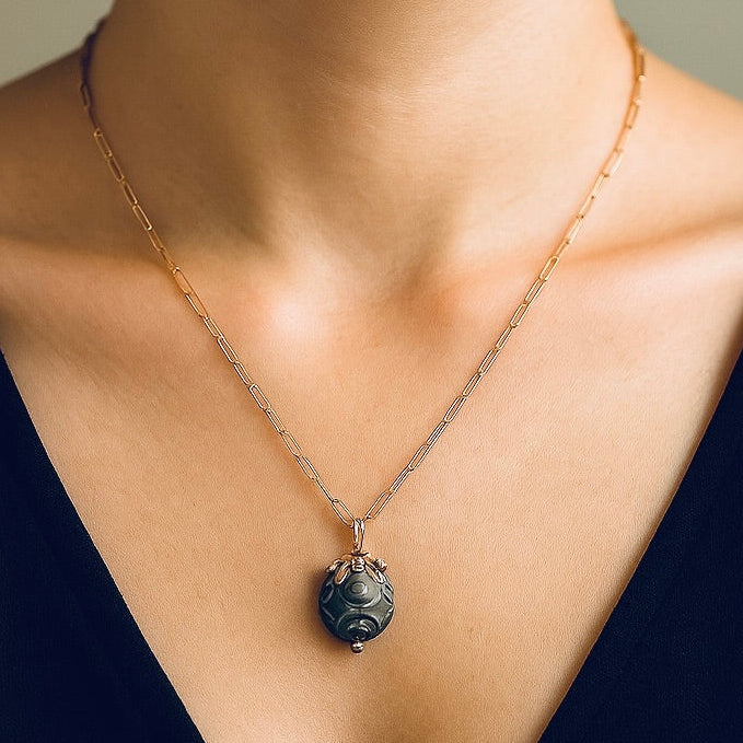 Midnight Magic Carved Tahitian Pearl Pendant in 14K Gold