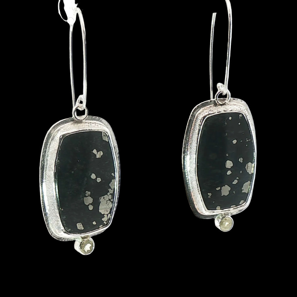 Mysterious Pyrite Slate & Diamond Dangle Earrings