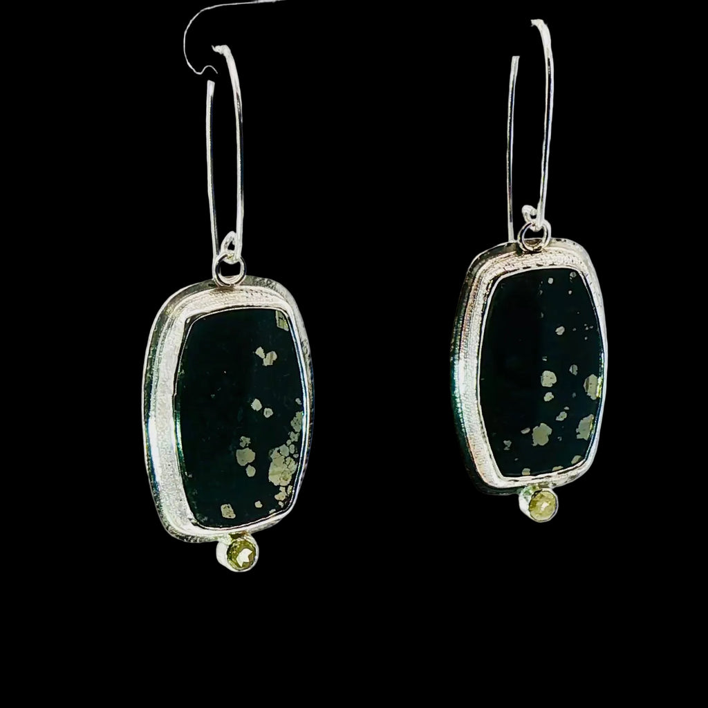 Mysterious Pyrite Slate & Diamond Dangle Earrings