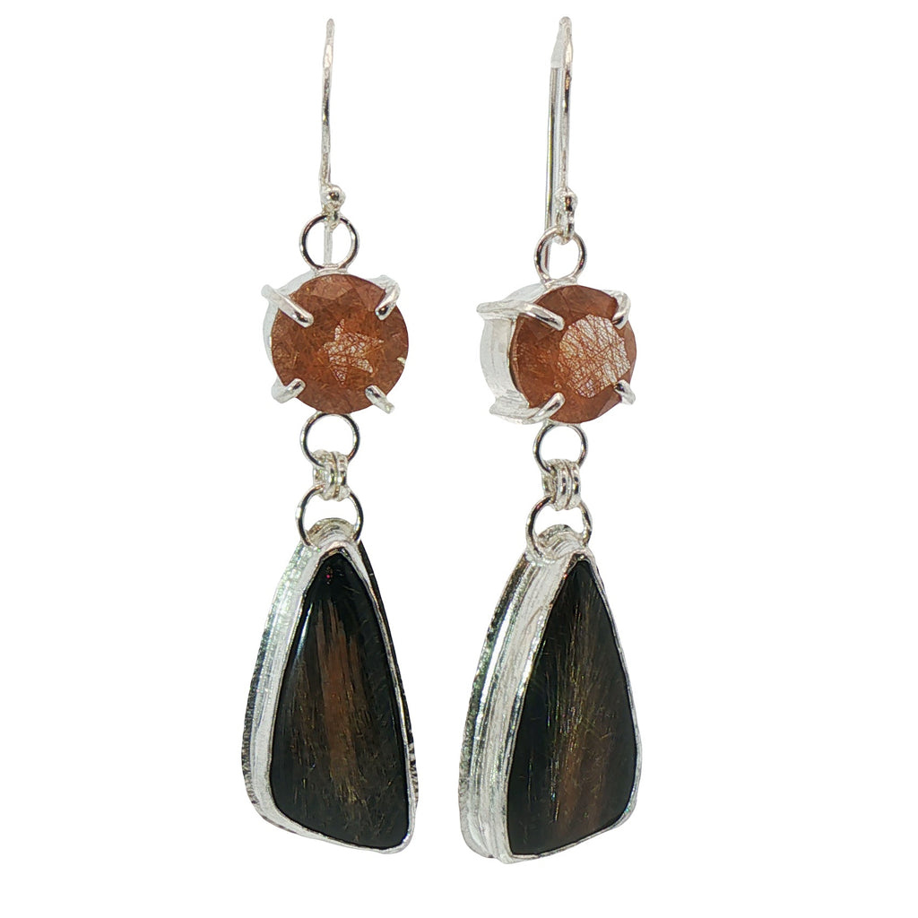 Midnight Luminescence:  Rutilated Quartz/Black Jade Dangle Earrings