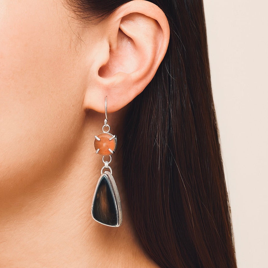 Midnight Luminescence:  Rutilated Quartz/Black Jade Dangle Earrings