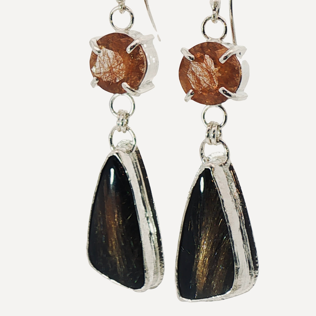 Midnight Luminescence:  Rutilated Quartz/Black Jade Dangle Earrings