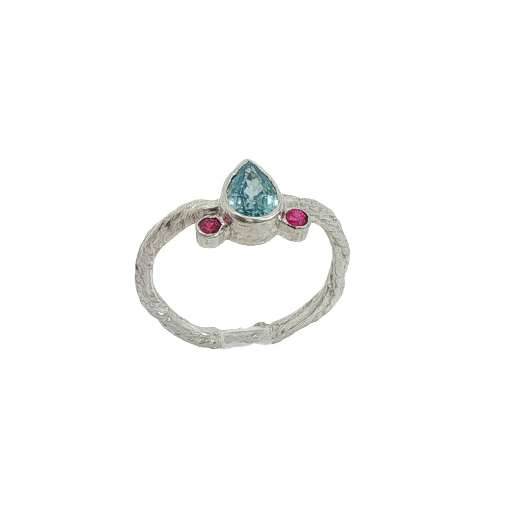 Petite Light Blue Zircon and Ruby Ring in Sterling Silver