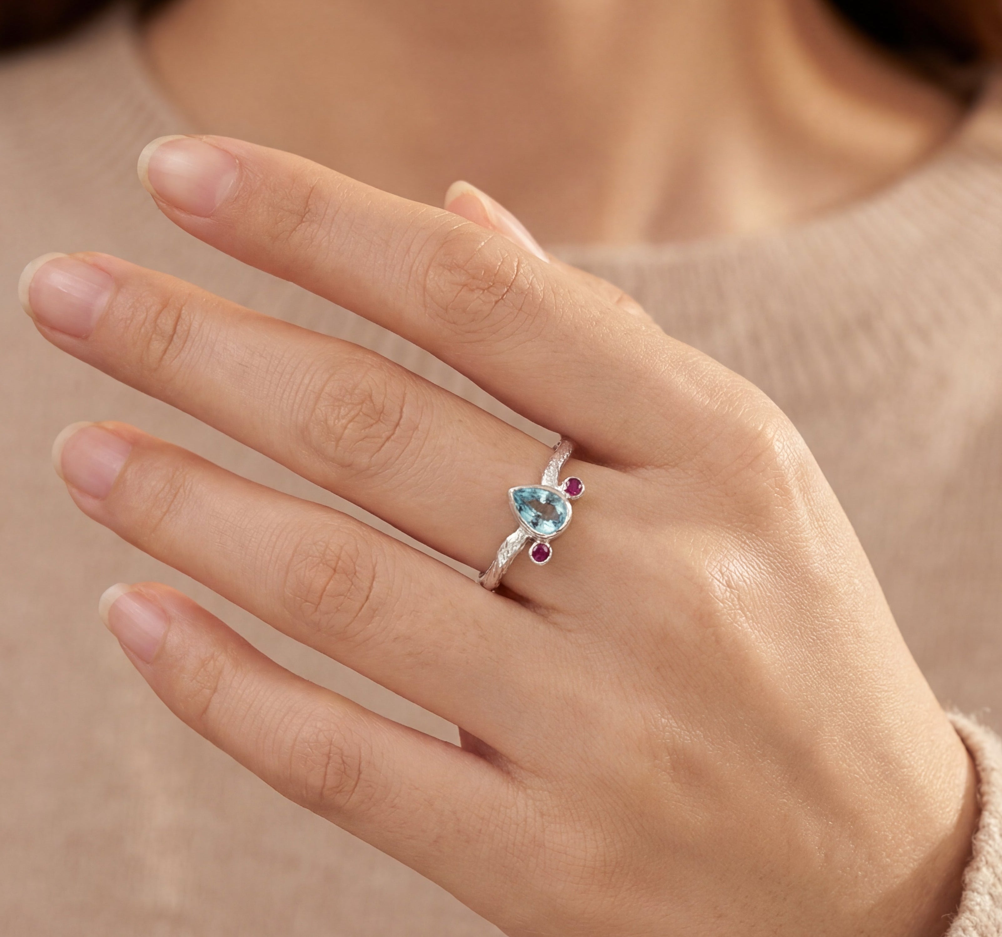 Petite Light Blue Zircon and Ruby Ring in Sterling Silver