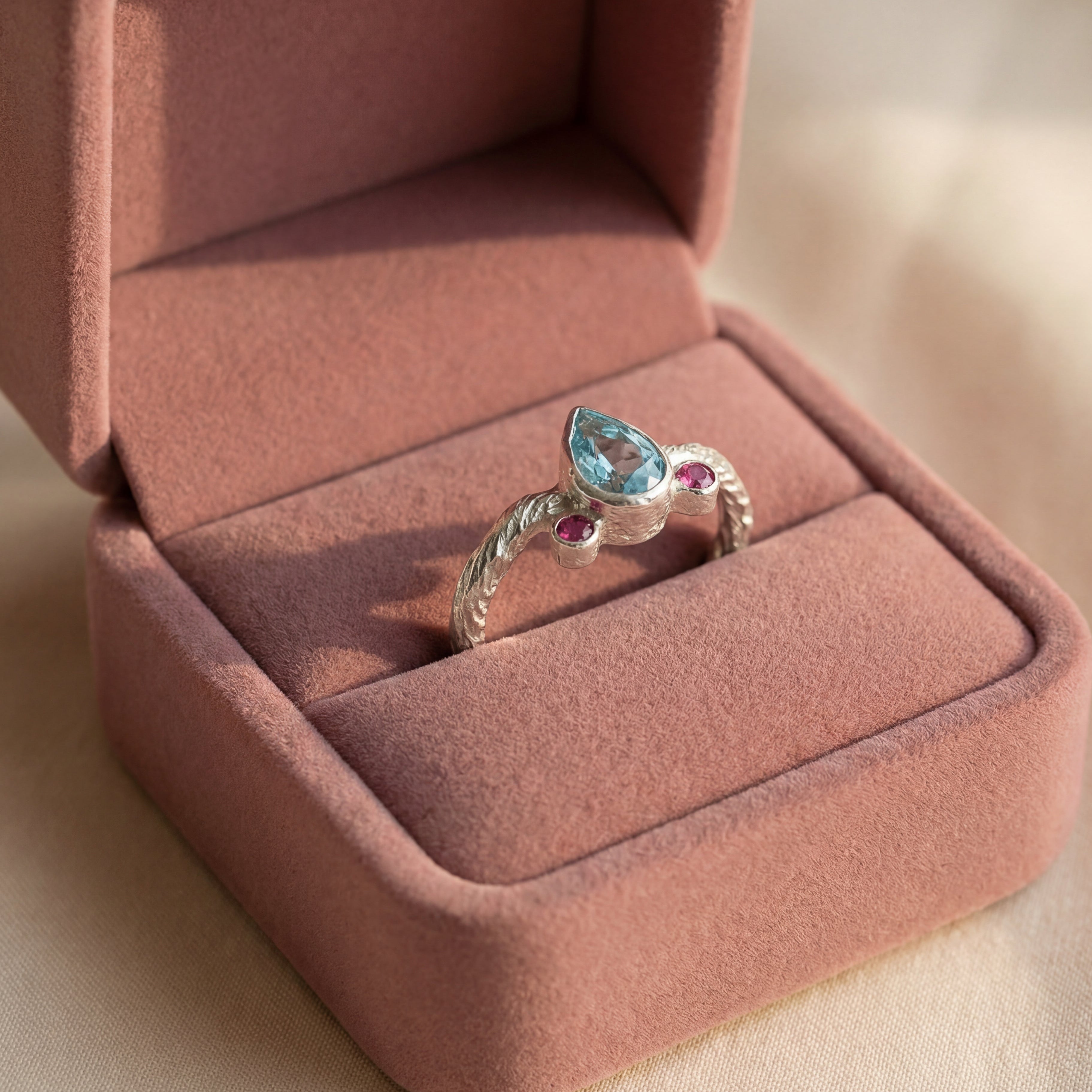 Petite Light Blue Zircon and Ruby Ring in Sterling Silver