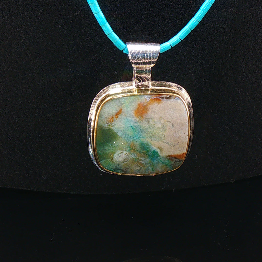 Sleeping Beauty Turquoise Beads and Opal Wood Gold/Silver Pendant
