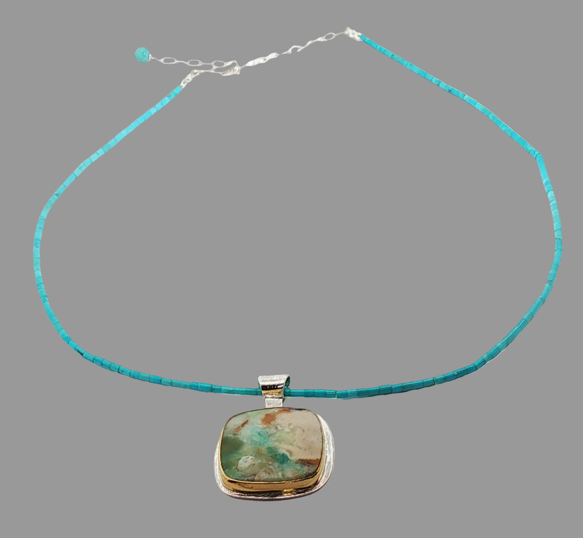 Sleeping Beauty Turquoise Beads and Opal Wood Gold/Silver Pendant