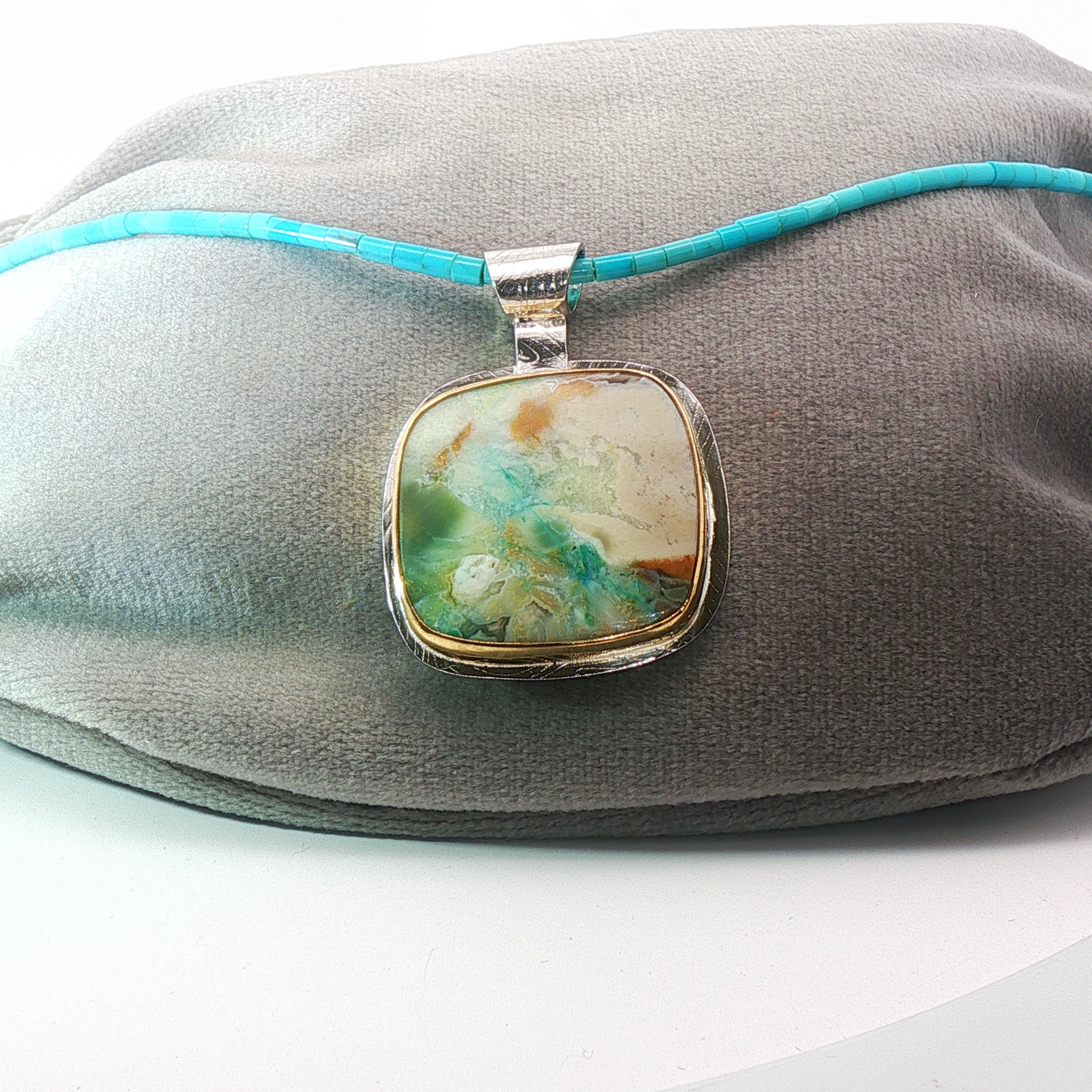 Sleeping Beauty Turquoise Beads and Opal Wood Gold/Silver Pendant