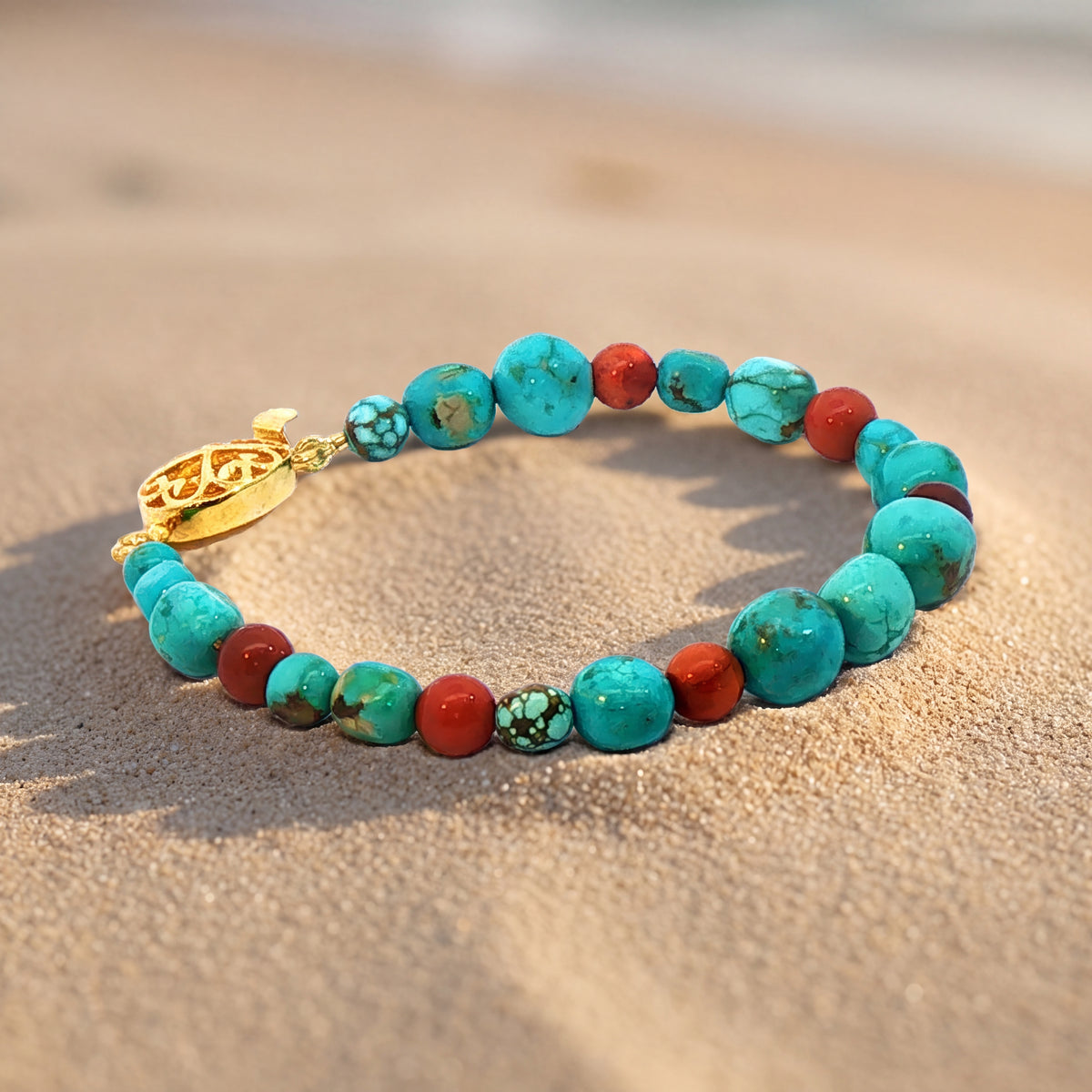 Turquoise, Fire Opal Bracelet, Gold Clasp