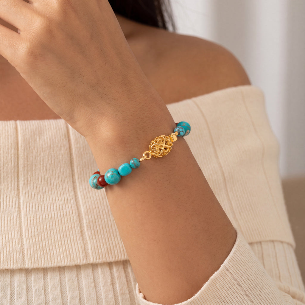 Turquoise, Fire Opal Bracelet, Gold Clasp