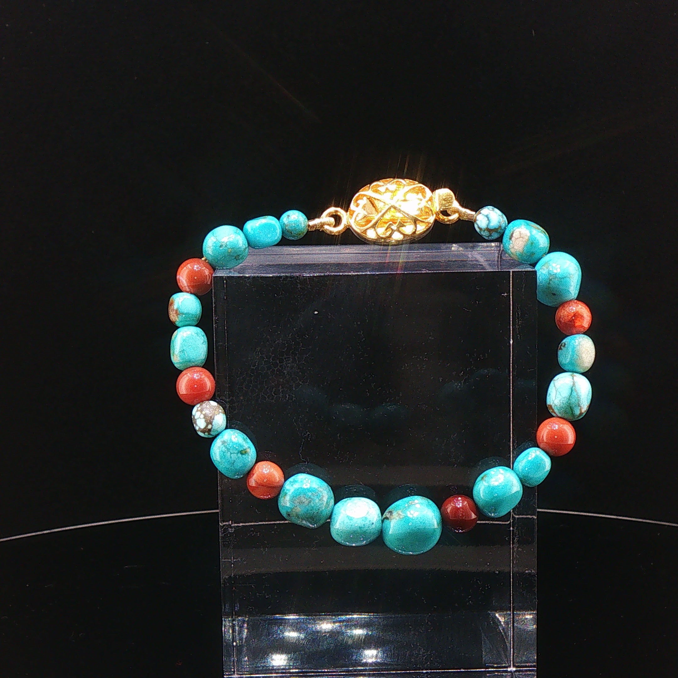 Turquoise, Fire Opal Bracelet, Gold Clasp