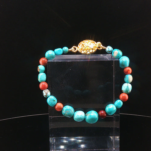 Earth & Fire:  Rare Fox Turquoise & Vivid Fire Opal Gemstone Bracelet