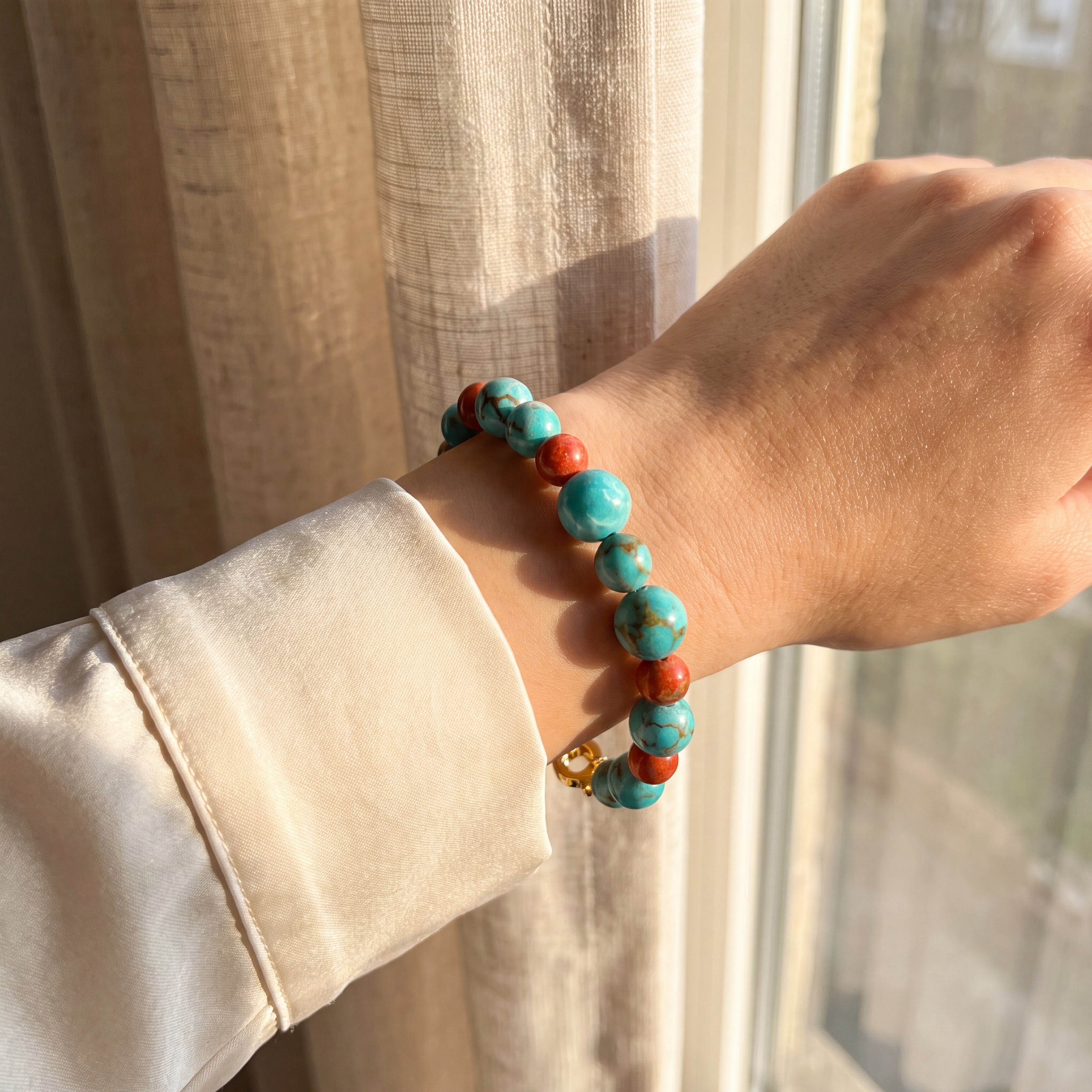 Turquoise, Fire Opal Bracelet, Gold Clasp