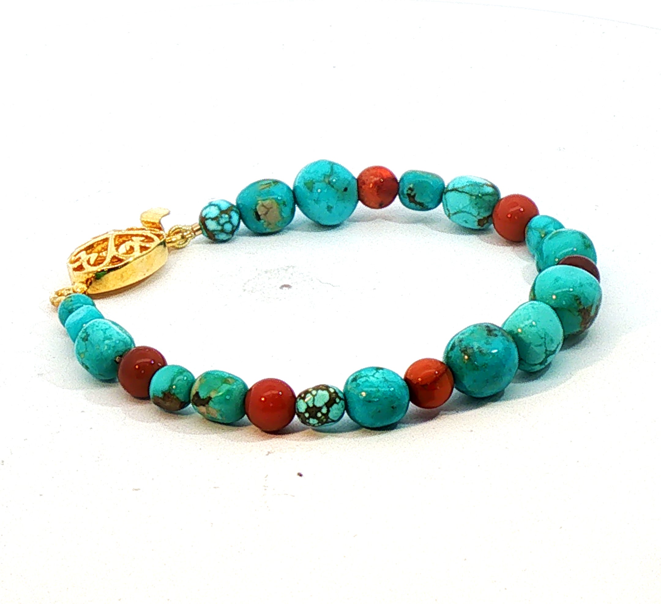 Turquoise, Fire Opal Bracelet, Gold Clasp