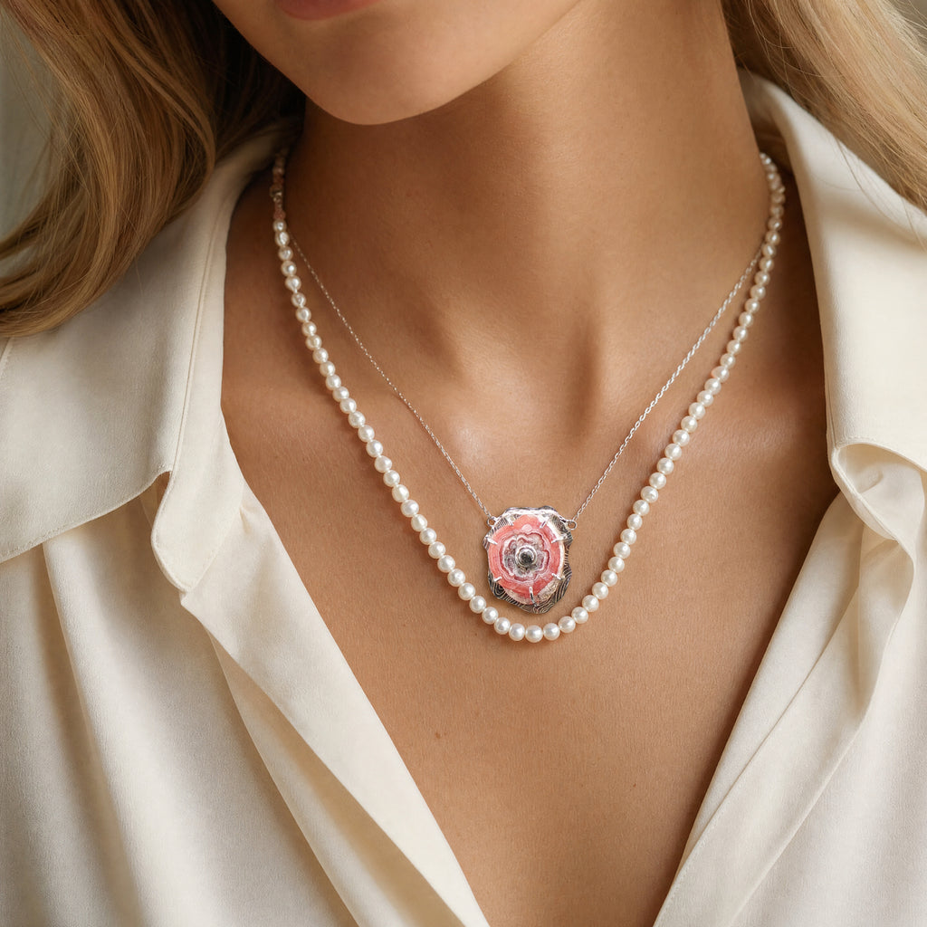 Akoya Pearls with Rhodochrosite Stalactite /Black Diamond Pendant