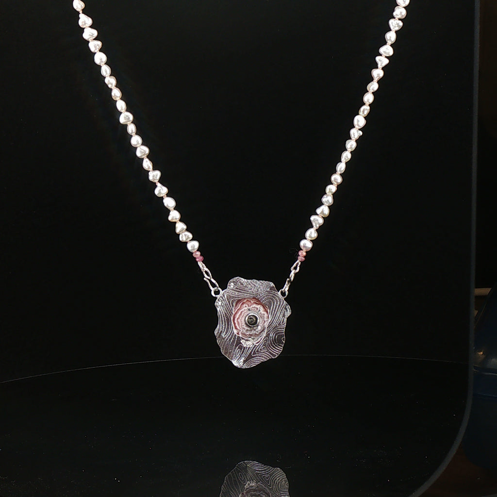 Akoya Pearls with Rhodochrosite Stalactite /Black Diamond Pendant