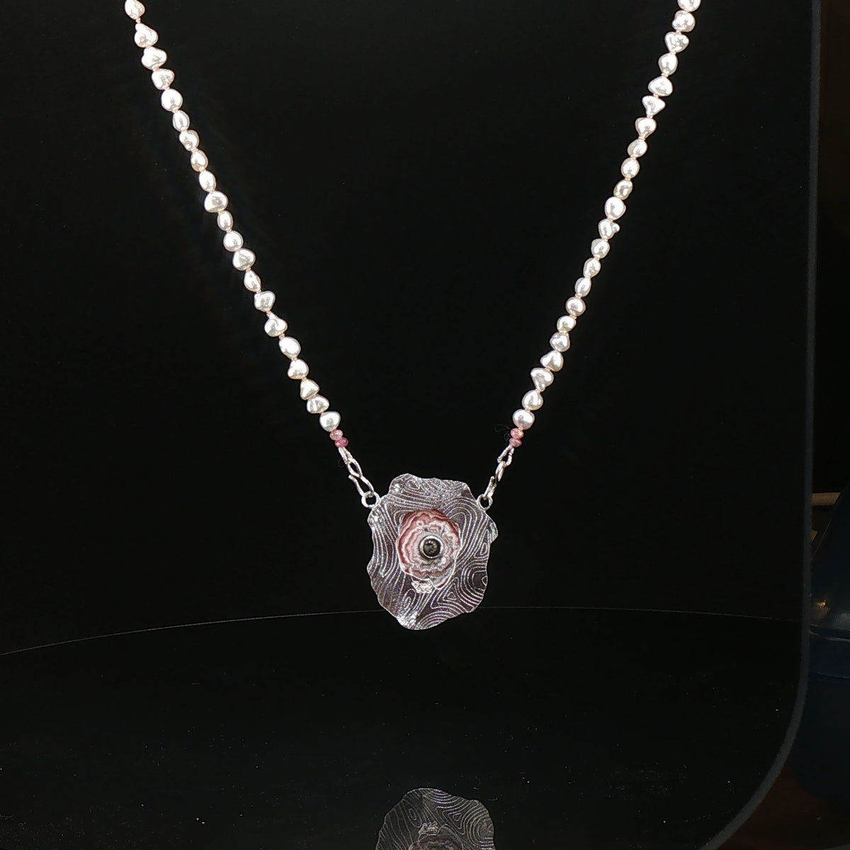Akoya Pearls with Rhodochrosite Stalactite /Black Diamond Pendant