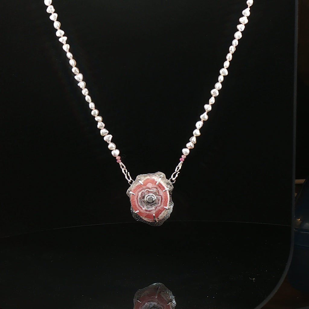 Akoya Pearls with Rhodochrosite Stalactite /Black Diamond Pendant