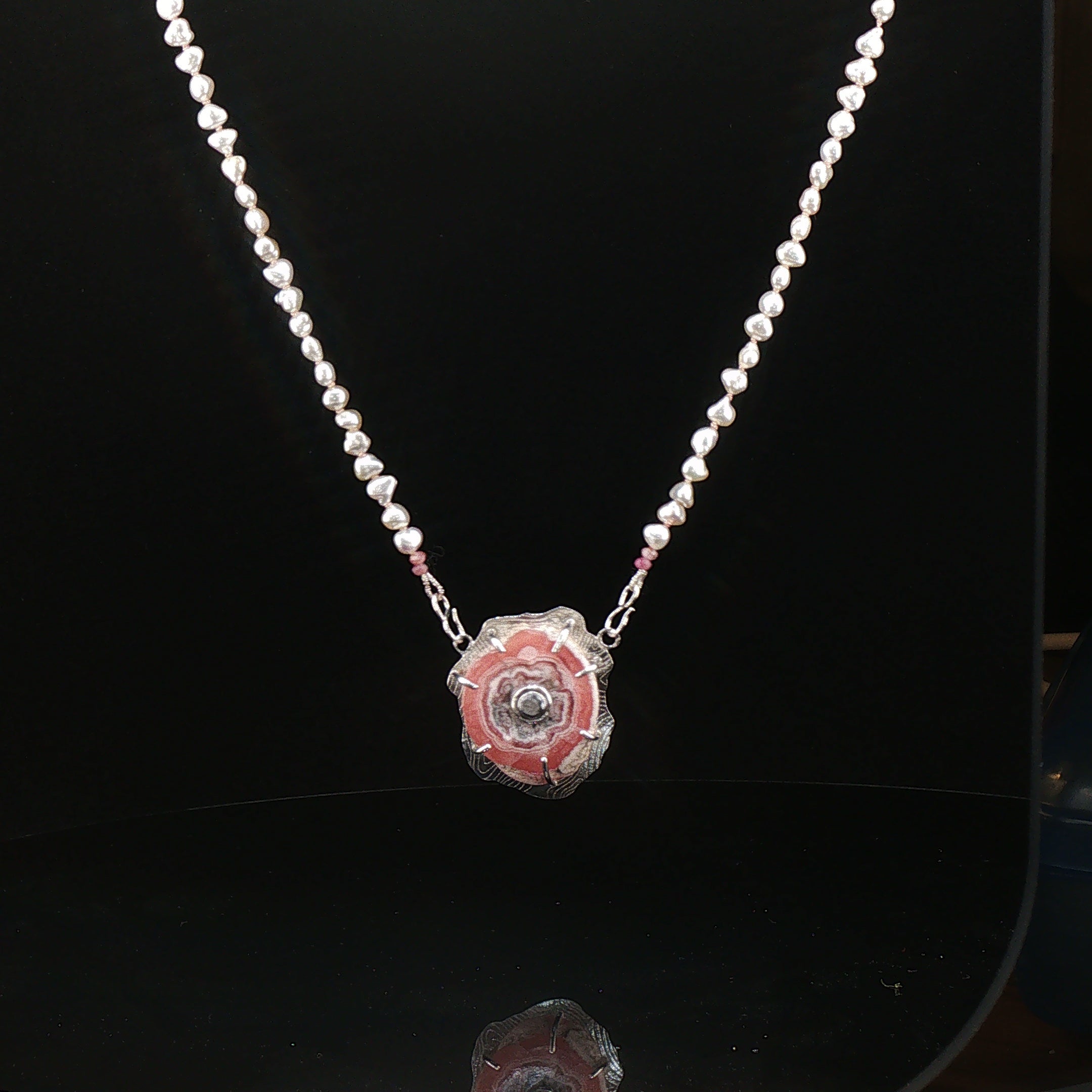 Akoya Pearls with Rhodochrosite Stalactite /Black Diamond Pendant