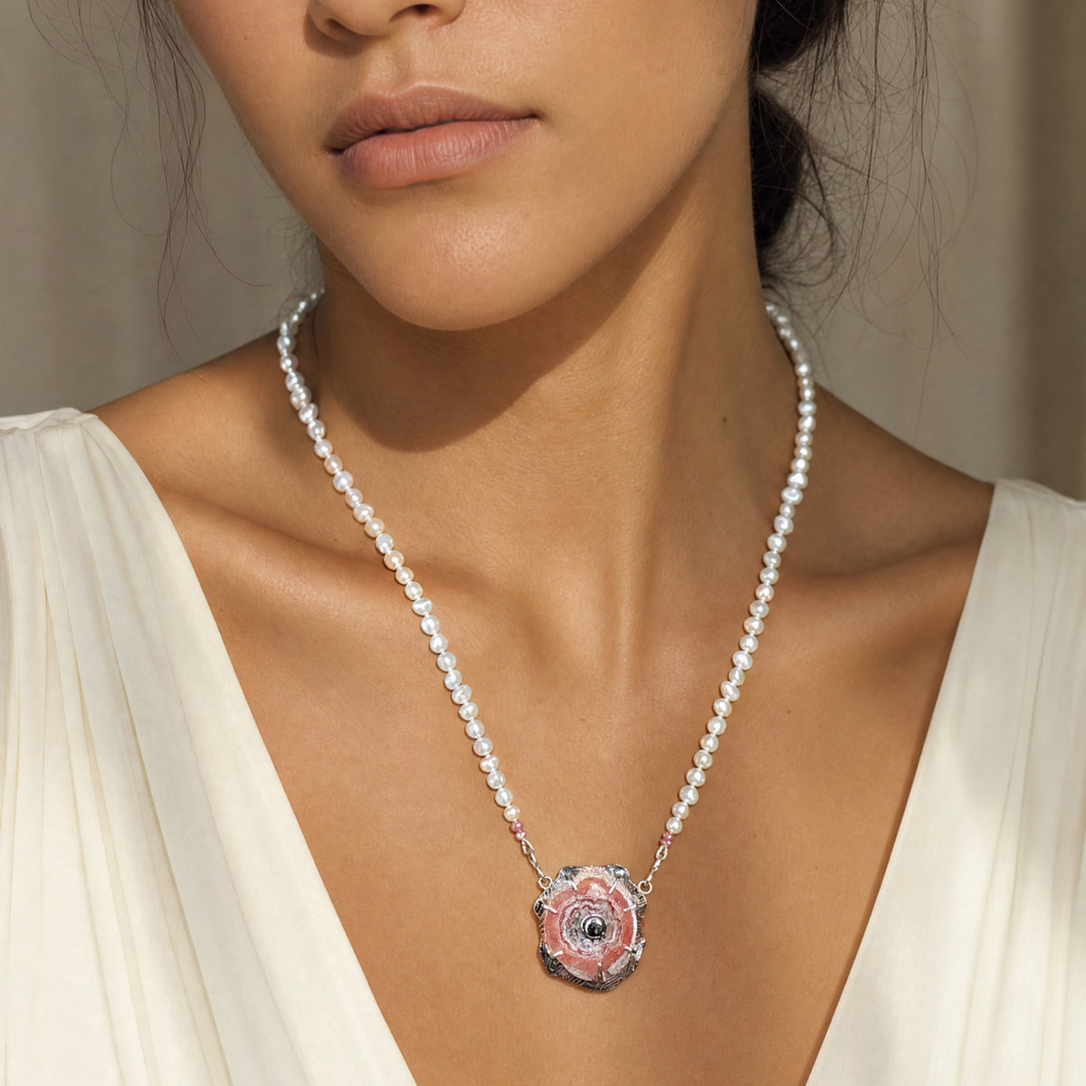 Akoya Pearls with Rhodochrosite Stalactite /Black Diamond Pendant