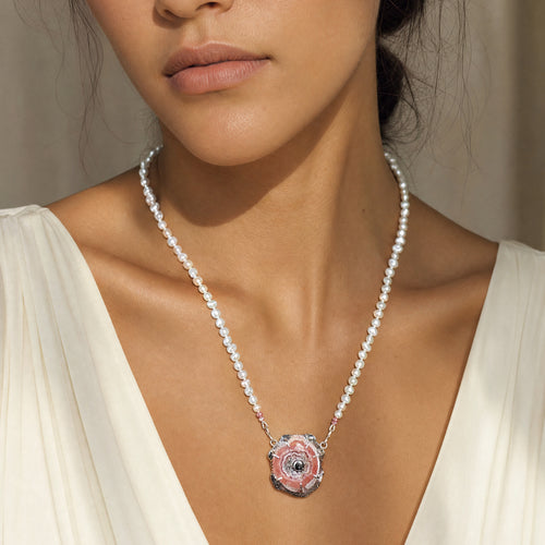 Akoya Pearls with Rhodochrosite Stalactite /Black Diamond Pendant