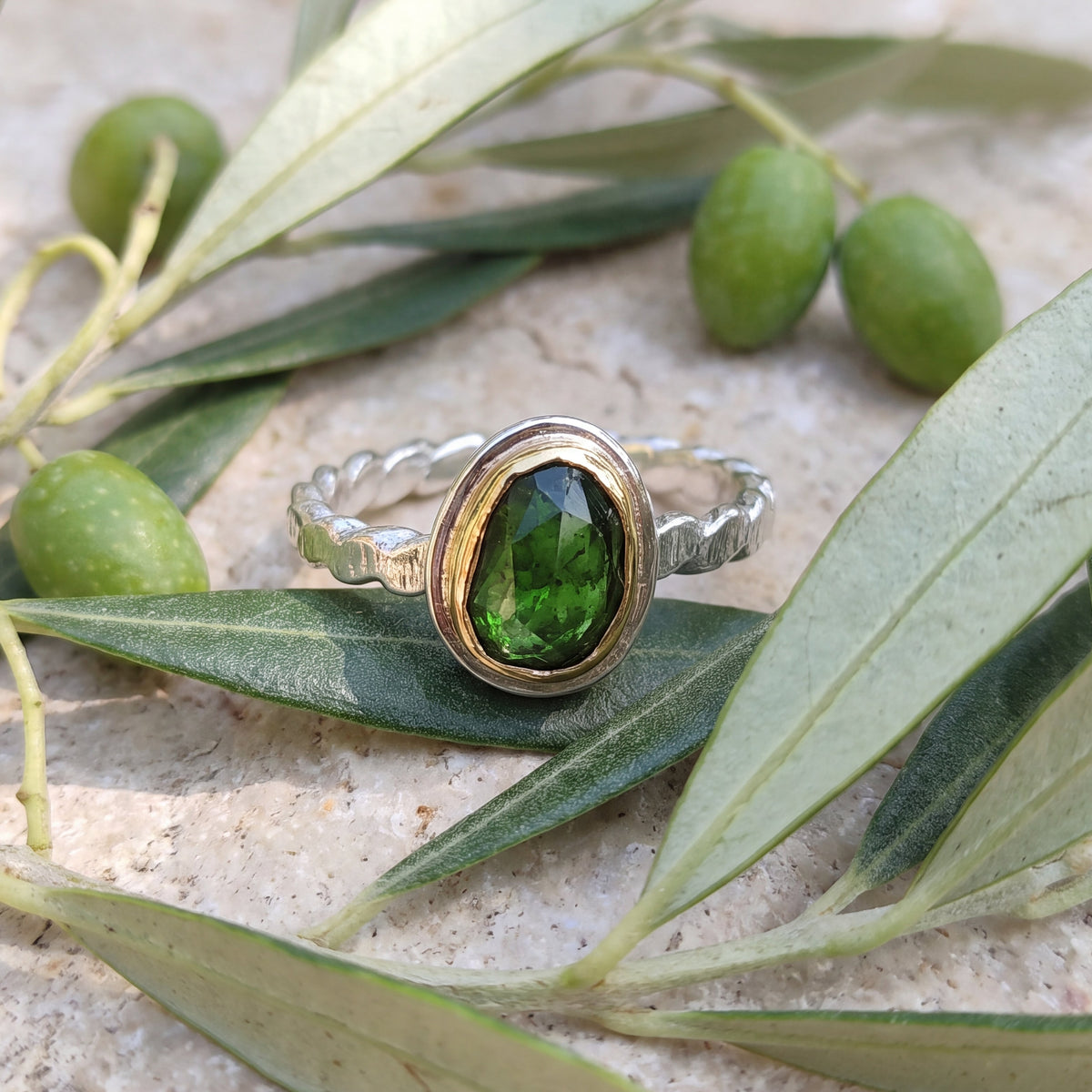 Brilliant Green Diopside Mixed Metal Solitaire Stacking Ring