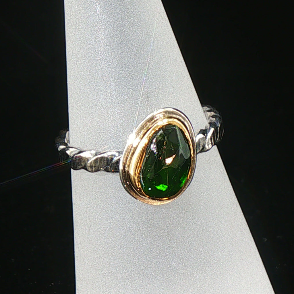 Brilliant Green Diopside Mixed Metal Solitaire Stacking Ring