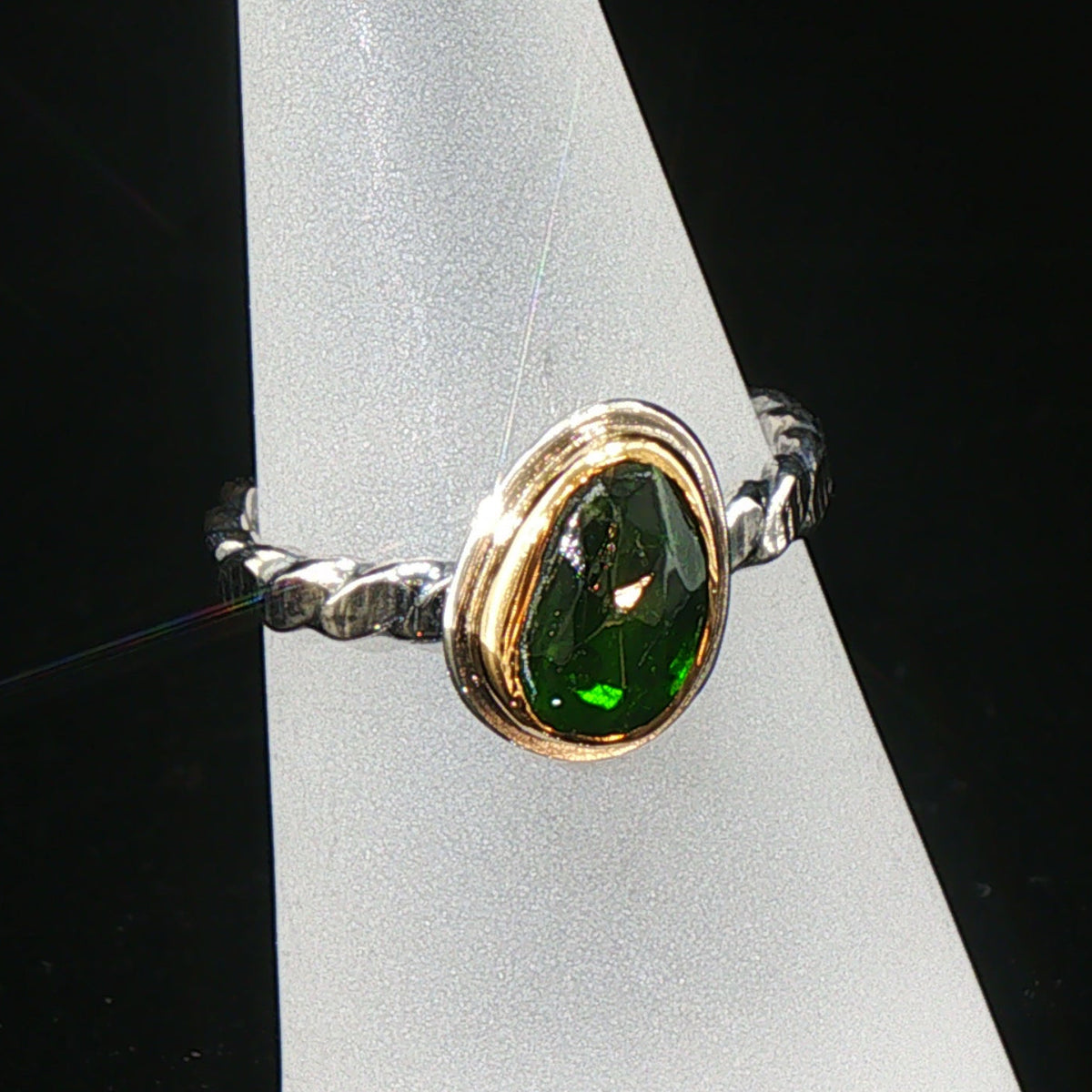 Brilliant Green Diopside Mixed Metal Solitaire Stacking Ring