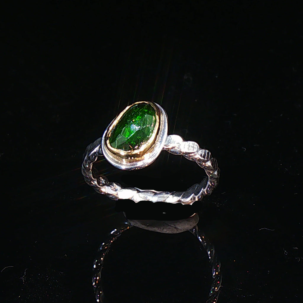 Brilliant Green Diopside Mixed Metal Solitaire Stacking Ring