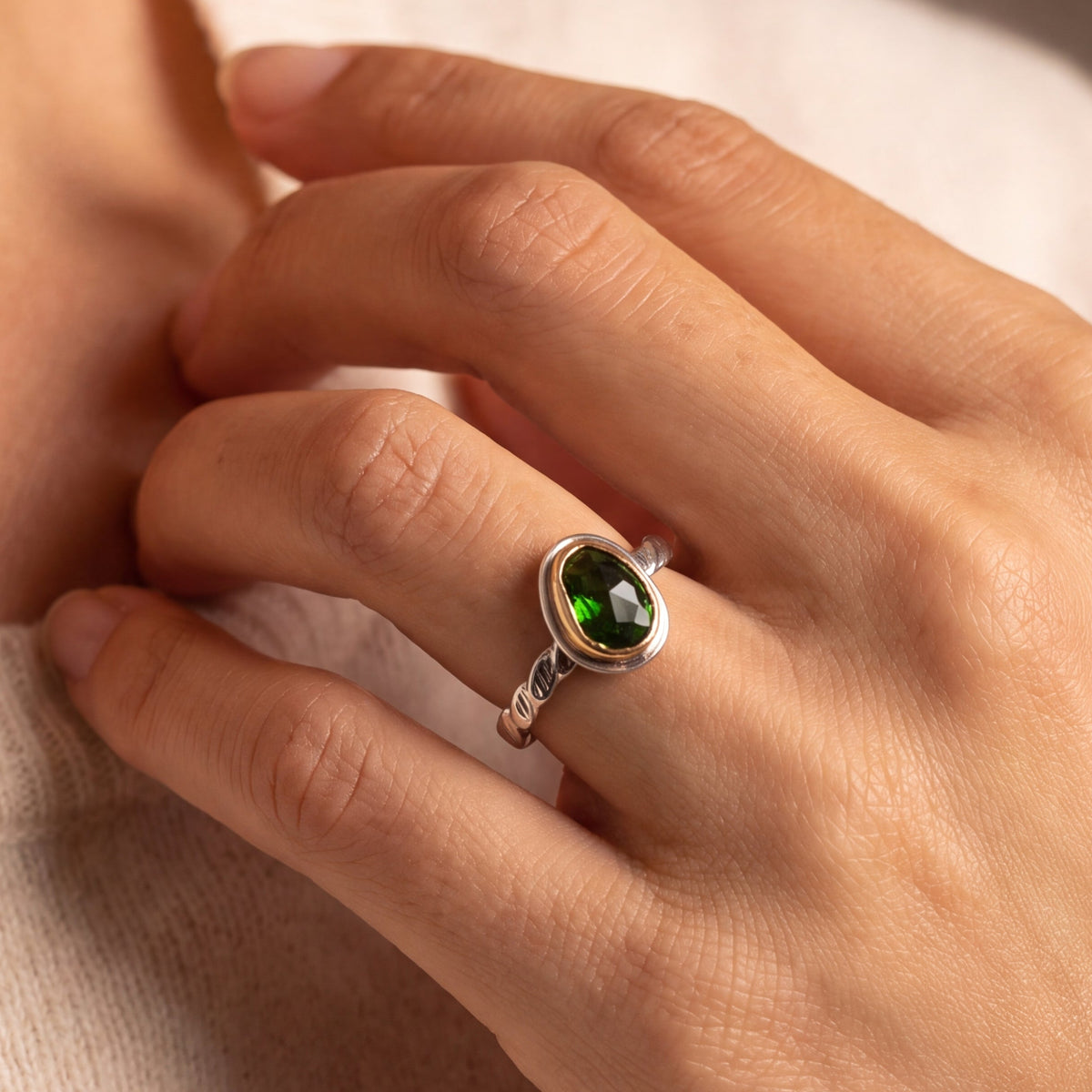 Brilliant Green Diopside Mixed Metal Solitaire Stacking Ring
