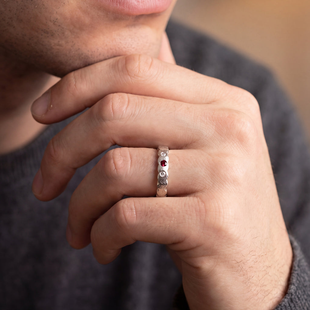 Ruby & Diamond Sterling Silver Band Ring